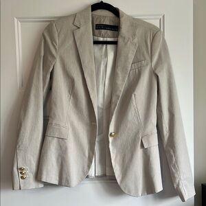 Zara Basics Beige Pinstripe Blazer with Gold Button Accents